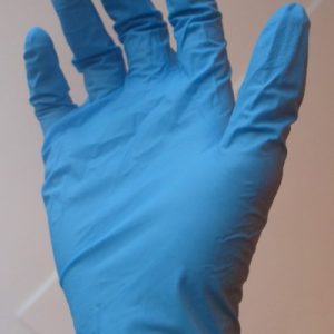 Blue nitrile examination glove for clinical and laboratory use
